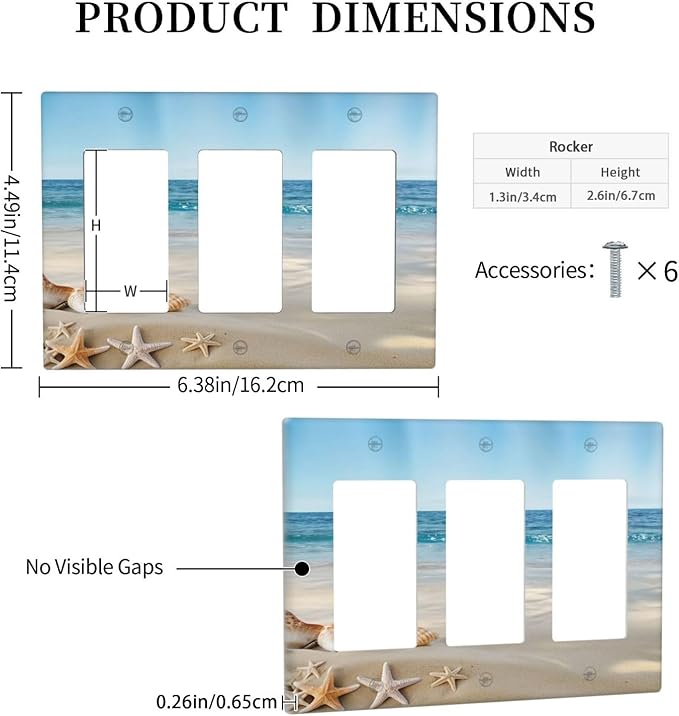 Decorative Light Switch Cover Plate Summer Beach Starfish Shells 3 Gang Switch Plate Covers Triple Rocker Wallplates GFCI Socket Cover Outlet Covers for Bathroom Home Decor