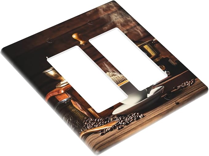 Decorative Outlet Covers with Vintage Coffee Retro Grinder Artwork Design 2 Gang Wall Plate Double Rocker Light Switch Cover Switch Plate Cover for Rustic Kitchen Decor