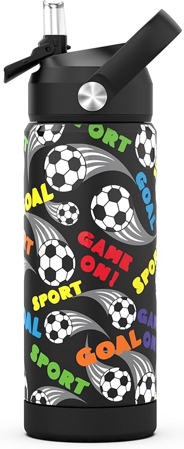 Kids Water Bottle with Straw,18 oz Boys Insulated Cups with Stainless Steel Leak Proof for School,Sport&Travel（Soccer）