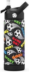 Kids Water Bottle with Straw,18 oz Boys Insulated Cups with Stainless Steel Leak Proof for School,Sport&Travel（Soccer）