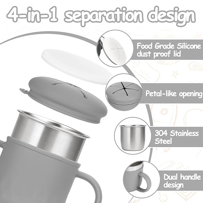 Toddler Snack Containers Stainless Steel Spill-Proof Snack Containers for Toddlers with Spill-Proof Silicone Lids and Handles 4-in-1 Baby Snack Cup is Dishwasher Safe for Easy use On The Go（Grey）