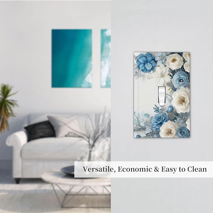 Decorative Light Switch Cover Blue Rose White Flowers Rustic Floral 1 Gang Wall Plate Oversized Single Toggle Wall Cover Jumbo Electrical Switchplate Face
