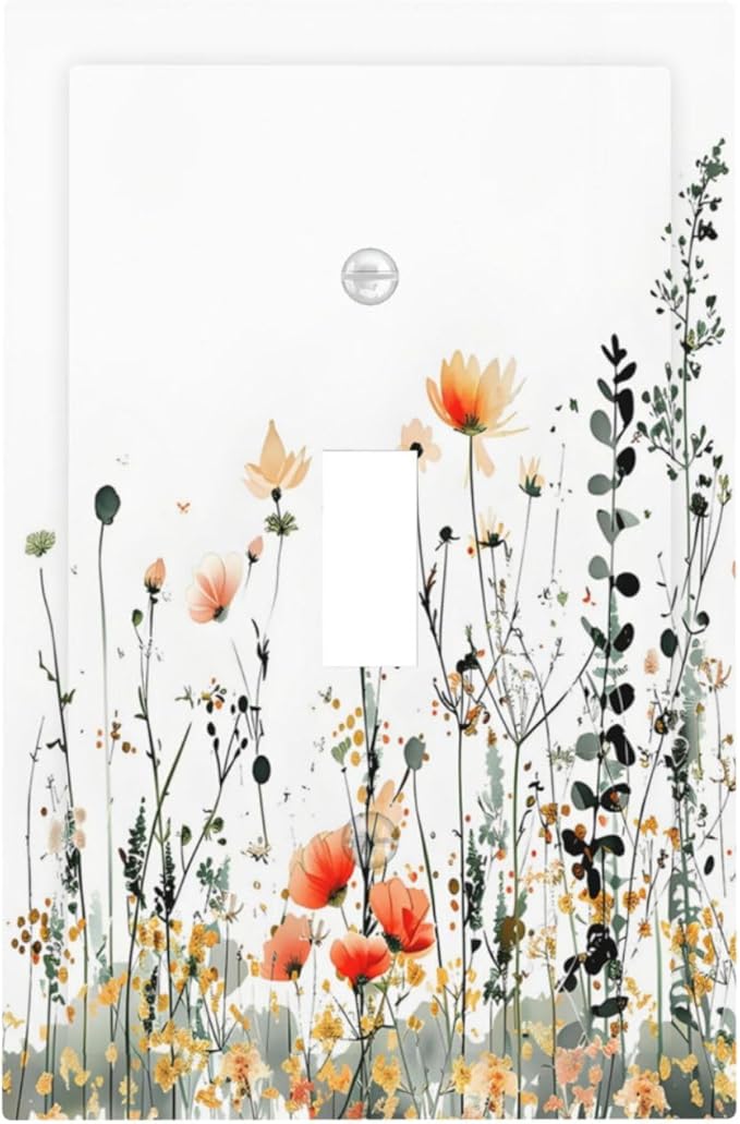 Vintage Country Style Watercolor Leaves Wildflowers Floral Decorative Light Switch Cover 1 Gang Single Toggle Device Electrical Faceplate Switchplates Decorator Outlet Wall Plate for Bedroom Home
