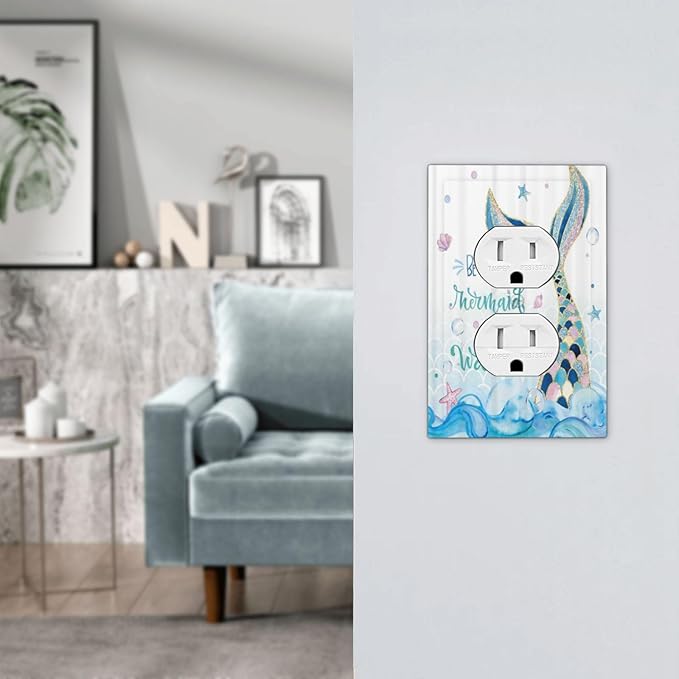 Mermaid Ocean Blue Waves Kids Girl 1 Gang Outlet Plate Decorative Single Duplex Wall Plate Covers Electrical Receptacle Light Switch Cover Art Faceplate Switchplate for Kidroom Bathroom Decor