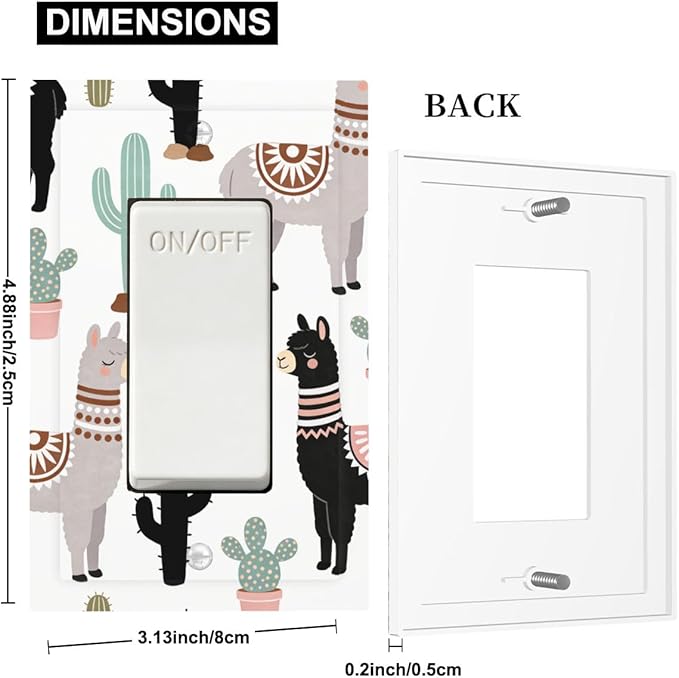 Playful Llamas & Cactuses Desert Pattern Single Rocker Switch Cover - 1-Gang Standard US Size Bohemian Desert Animals Light Switch Covers for Boys & Girls Bedroom Playroom Decor