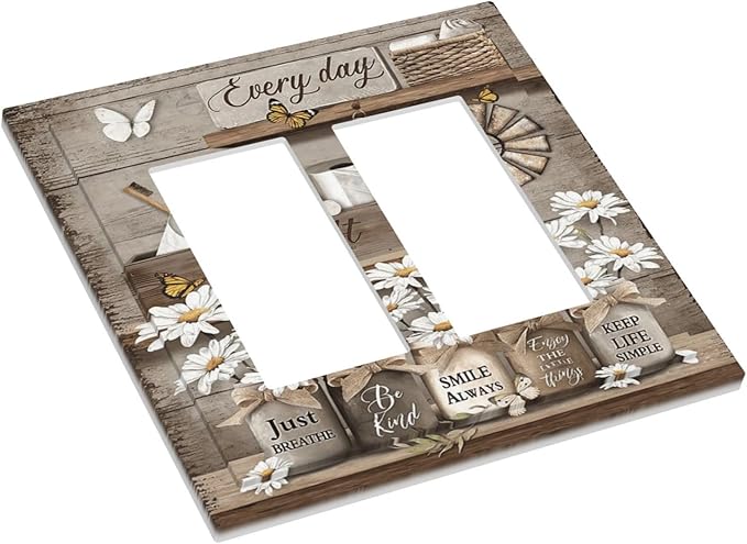 Rustic Daisy Flower Butterfly Inspirational Cottage Decorative Outlet Covers 2 Gang Double GFCI Rocker Electrical Wall Panels Light Switch Cover Plate for Farmhouse Bedroom Decor