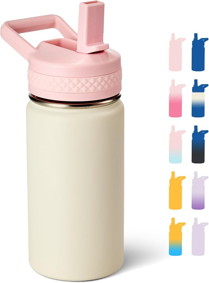 Fijinhom 12 oz Kids Water Bottle, Toddler Water Bottle with Straw, Boys&Girls Bottle for School, 304 Stainless Steel Vacuum Insulated Bottle for Kids, BPA-Free, Leak-Proof, Milky White