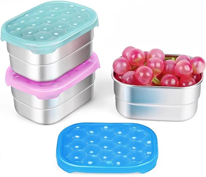 Tanjiae Snack Pro - Small (1 CUP) Stainless Steel Snack Containers for Kids | Easy Open Leak Proof Food Containers with Silicone Lids - Perfect Metal Toddler Lunch Box for Daycare and School (8oz*3)