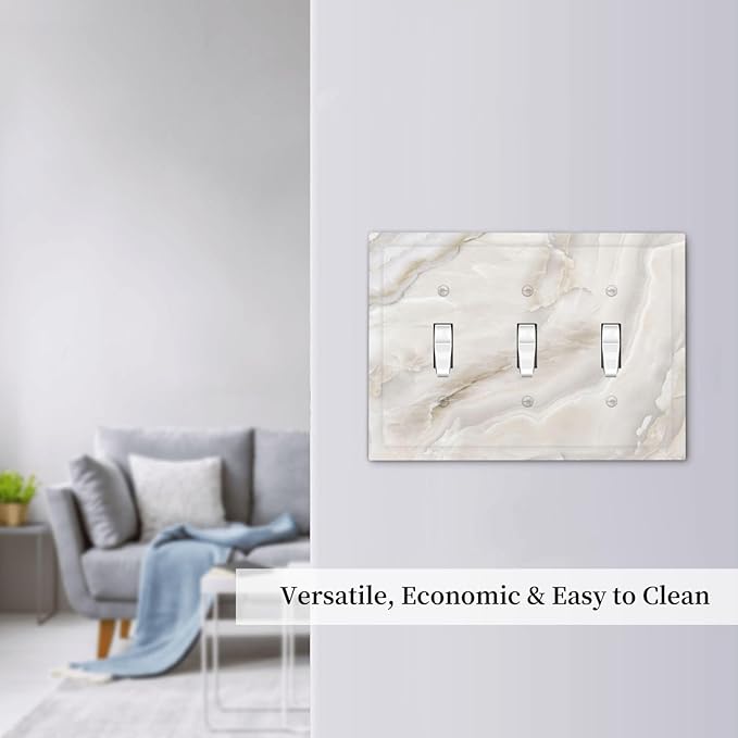 Abstract Luxury White Marble Texture Decorative Switch Plates 3 Gang Wall Plate Triple Toggle Light Switch Cover Faceplate Electrical Wall Panels for Bathroom Kitchen Living Room Decor