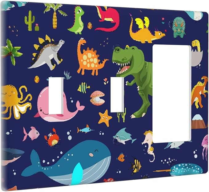 Cute Blue Dinosaur 3-Gang Combination Double Toggle/Single Decorator Outlet Wall Plate Cartoon Ocean Dolphin Animal Boys Kids Whale Electric Decorative 2-Toggle 1-Rocker/GFCI Combo Light Switch Cover
