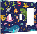 Cute Blue Dinosaur 3-Gang Combination Double Toggle/Single Decorator Outlet Wall Plate Cartoon Ocean Dolphin Animal Boys Kids Whale Electric Decorative 2-Toggle 1-Rocker/GFCI Combo Light Switch Cover