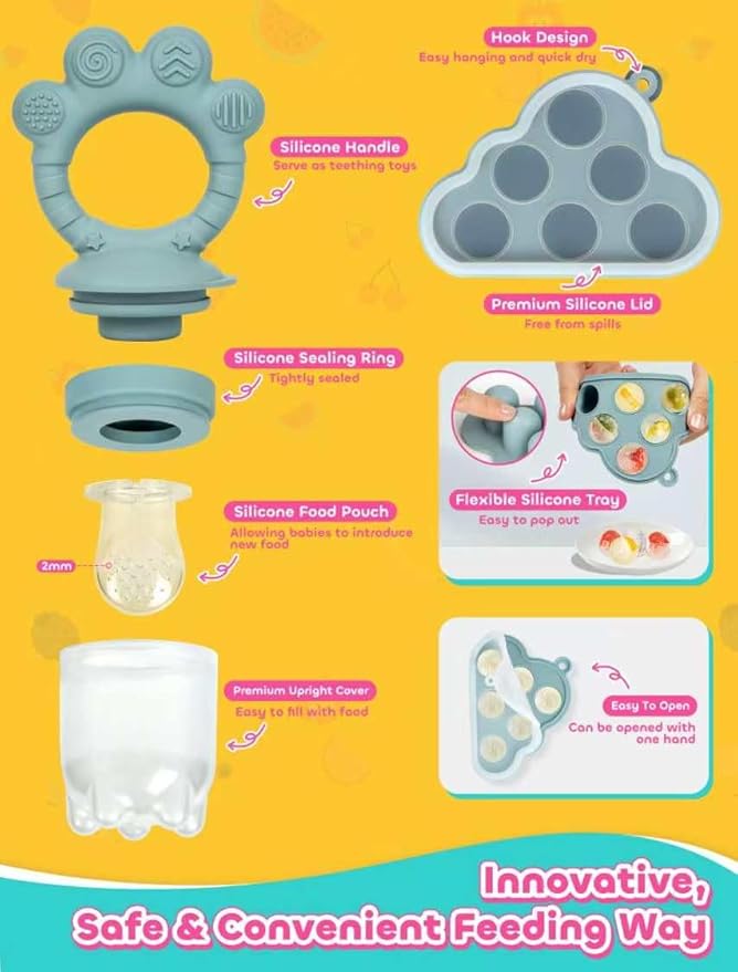 Baby Popsicle Molds & Food Feeder Set, Baby Fruit Feeder for Infant Teething Relief & Safe Infant Self Feeding 4 Months+ Starting Solids for Essentials (Green+Beige)