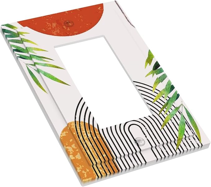 Abstract Boho Modern Mid Century Bohemian Sun 1-Gang Decorator Rocker Outlet Light Switch Cover Orange Minimalist Arch Leaf Decorative Single Device GFCI Receptacle Switch Wall Plate Dimmer Mid Size