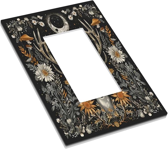 Light Switch Cover Plate Vintage Deer Flowers Moon Natural Plants Floral 1 Gang Outlet Covers Single Rocker Decorative Switch plates Electrical Wall Plates GFCI Receptacle for Bathroom Bedroom