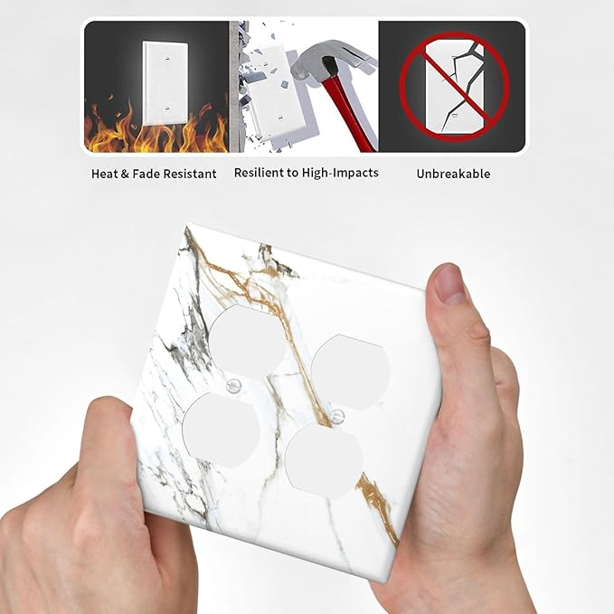 White Gold Marble Modern Abstract Luxury Print Outlet Covers 2 Gang Double Duplex Decorative Light Switch Covers Electrical Wallplates Socket Faceplate for Bathroom Kitchen Decor