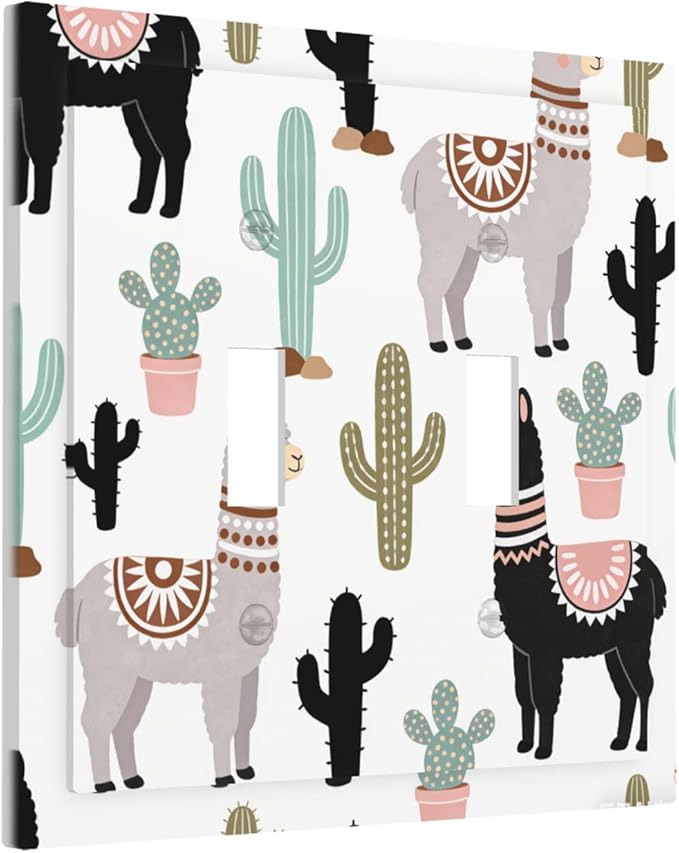 Playful Llamas & Cactuses Desert Pattern Double Toggle Switch Cover - 2-Gang Standard US Size Bohemian Desert Animals Light Switch Covers for Boys & Girls Bedroom Playroom Decor