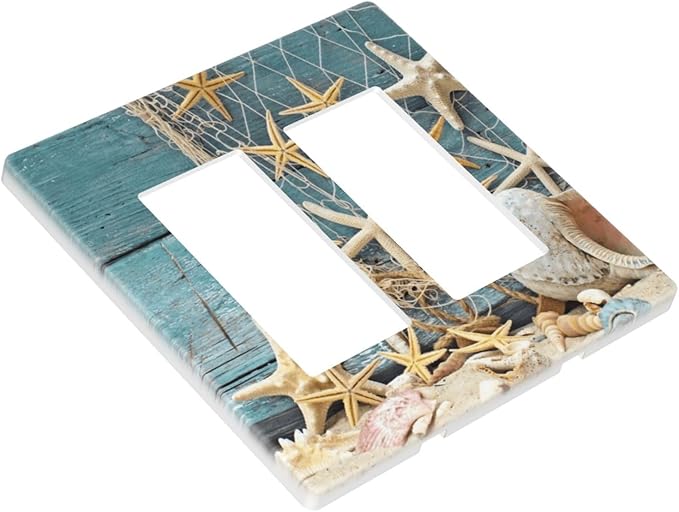 Nautical Beach Starfish Teal Wood 2 Gang Double Rocker/Decora Light Switch Cover Decorative Outlet Wall Plate Electrical Faceplate Home Family Art Decor Screwless