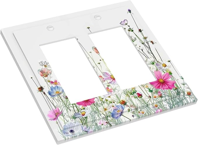 Decorative Outlet Covers Boho Colorful Flowering Plant Wild Flower 2 Gang Double Gfci Rocker Electrical Wall Panels Light Switch Cover Plate For Bed Room Living Room Decor