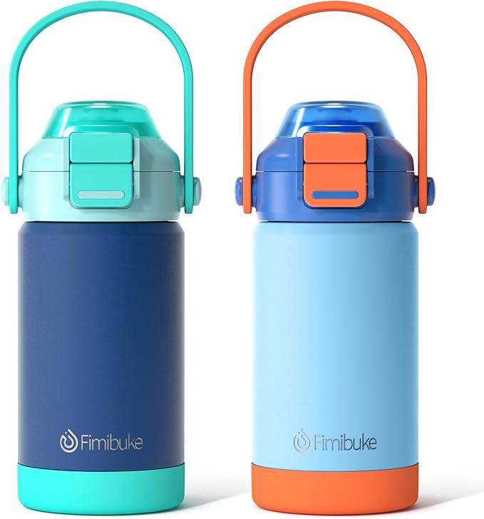 Kids Insulated Water Bottle with Pop-Open Straw & Spout 2-in-1 Lid, 14oz Leak Proof 18/8 Stainless Steel Vacuum Tumbler, BPA-Free Kids Cup For Travel School Boys Girls Toddler 2 Packs,Sea World