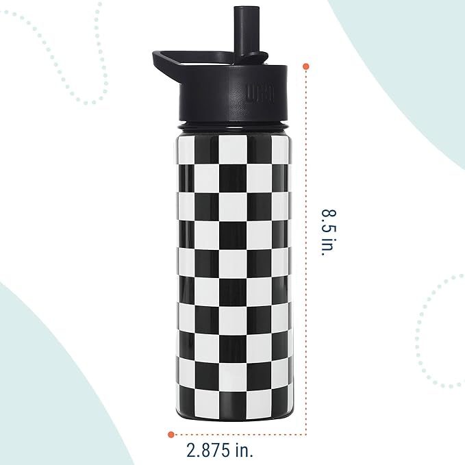 Wildkin Kids 18oz Stainless Steel Water Bottle – BPA-Free, Leakproof, Insulated, Easy-Clean - Black and White Checkered