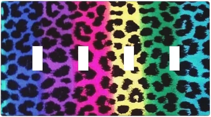 Rainbow Colorful Leopard 4 Gang Light Switch Cover Decorative Quad Toggle Wall Plate Decorative Electrical Faceplate For Girls Boys Home Bedroom Decorate Large Size 8" x 4.5