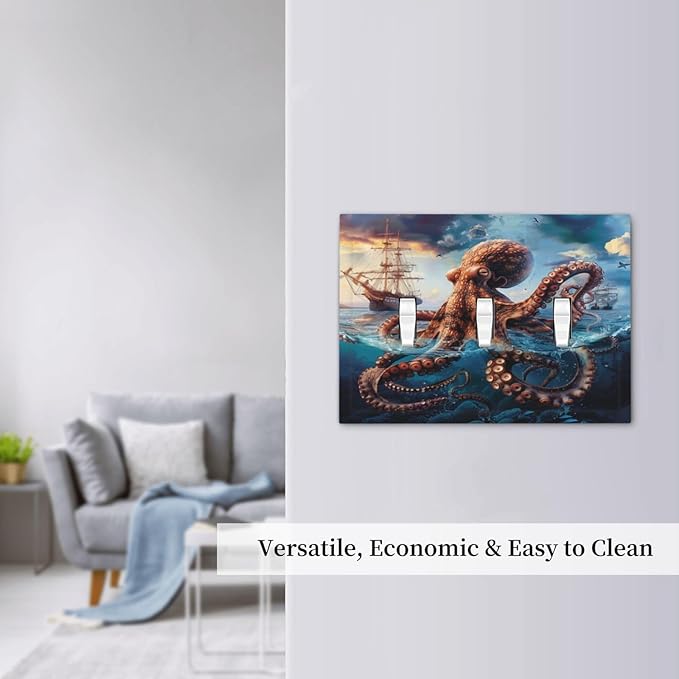 Light Switch Cover Plate Deep Ocean Octopus Sailboat Sea Monster 3 Gang Triple Toggle Decorative Switch Plates Wall Plates Electrical Switchplate Faceplate for Bathroom Bedroom Decor