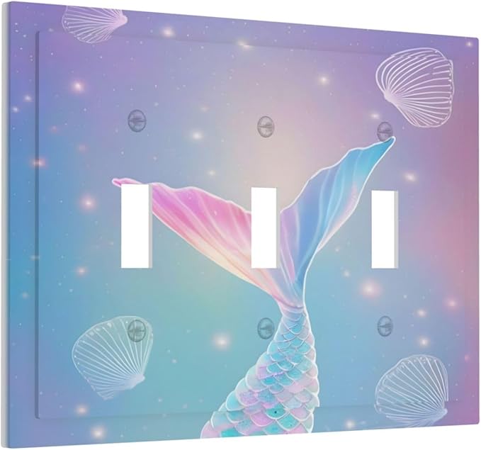 Cute Mermaid Pink Tail Scales Shells Colorful Ocean Decorative Switch Plates 3 Gang Wall Plate Triple Toggle Light Switch Cover Faceplate Electrical Wall Panels for Kids Room Nursery Decor