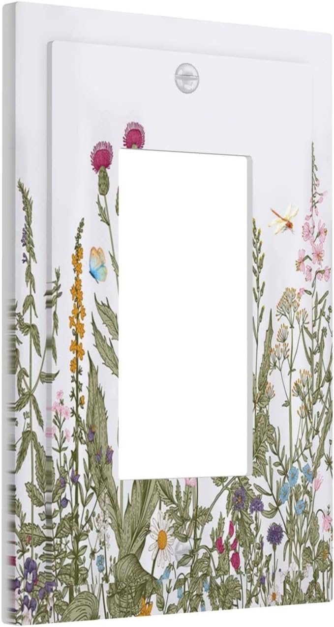 Rustic Wild Floral Vintage Teal Botanical Single Rocker Outlet Wall Plate Decorative Decora Electrical Gfci Switchplate for Kitchen Bathroom Home Decor