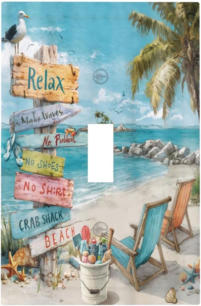 Ocean Beach Tropical Palm Tree Coastal Seaside Decorative Light Switch Cover 1 Gang Single Toggle Device Electrical Faceplate Switchplates Decorator Outlet Wall Plate for Kids Room Living Room Decor