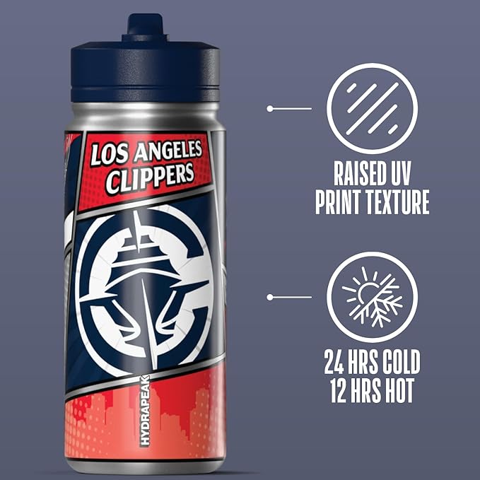 Hydrapeak x NBA Los Angeles Clippers 20 oz Stainless Steel Water Bottle, Officially Licensed Double Wall Insulated Sports Bottle with Straw Lid, Reusable Leakproof Gift for Kids & Adults