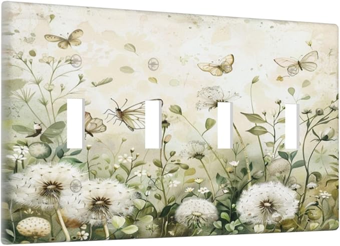 Light Switch Cover Plate Watercolor Butterflies Dandelions Wildflowers 4 Gang Quad Toggle Decorative Switch Plates Electrical Wall Plates Faceplate for Bathroom Bedroom Decor