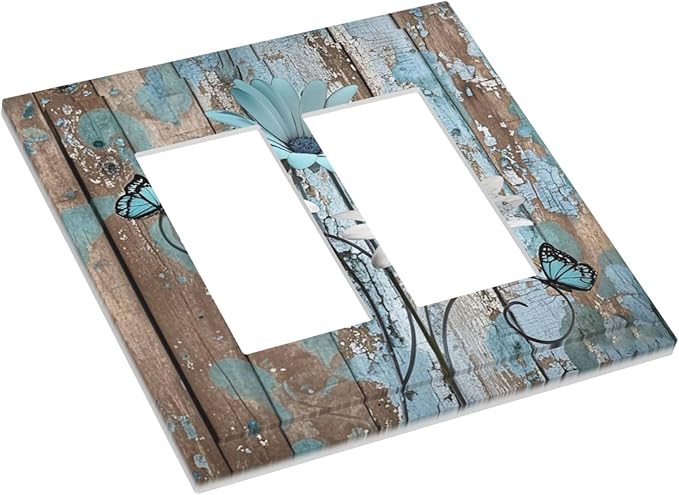 Decorative Outlet Covers Rustic Flower Teal Turquoise Daisy Butterfly 2 Gang Double Gfci Rocker Electrical Wall Panels Light Switch Cover Plate For Farmhouse Cabin Decor