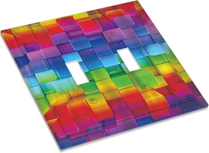 3D Colorful Rainbow Wall Abstract Squre Shaped Double Toggle Light Switch Covers Decorative Unique 2 Gang Wall Plate Dual Electrical Faceplate Switchplate for Bathroom Living Room Decor