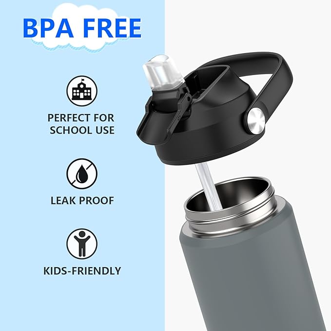 Kids Water Bottle with Straw,18 oz Boys Insulated Cups with Stainless Steel Leak Proof for School Boys Girls,Sport&Travel（Grey）