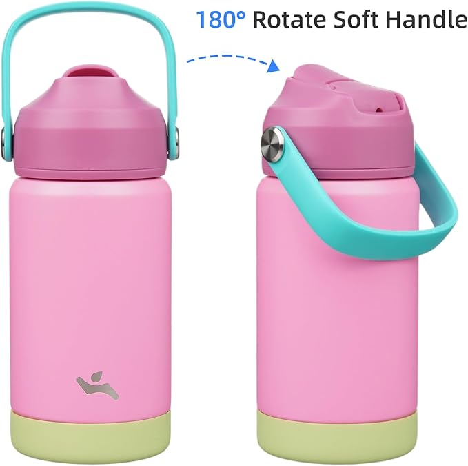 Konokyo Insulated Water Bottle with Straw Lid,12 oz Stainless Steel Vacuum Metal Bottle with Silicone Handle,Rose Pink
