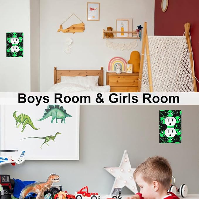 Alien Pattern 1-Gang Duplex Wall Plate, Green Black Alien Outlet Cover Decorative Faceplate for Boys Kids Room, Playroom & Game Room