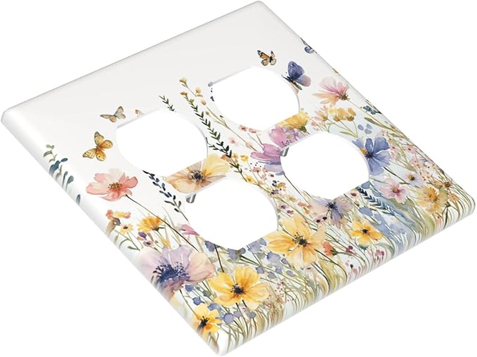 Wildflowers Colorful Flower Butterfly Floral Outlet Covers 2 Gang Double Duplex Decorative Light Switch Covers Electrical Wallplates Socket Faceplate for Farmhouse Bedroom Decor