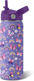 Butterfly Gifts - 18oz Purple Kids Water Bottle with Straw Lid, Stainless Steel Insulated Bottle, Leakproof, BPA-Free, for Girls, School, Travel - Butterfly Rainbow Themed Birthday Gift Cup (1pc)