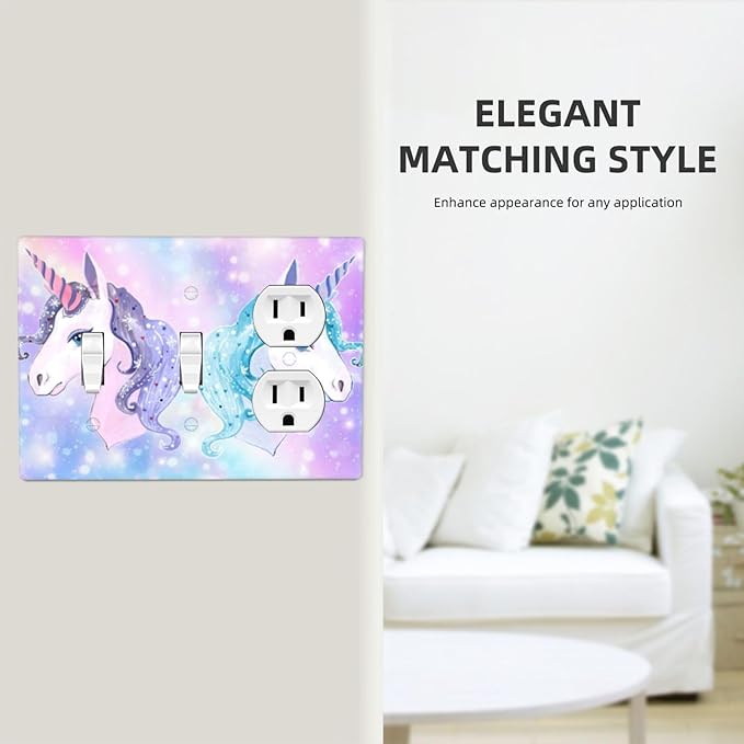 Cute Purple/Blue Rainbow Unicorn 3-Gang 2-Toggle 1-Duplex Device Combination Wall Plate Cute Kawaii Decorative Combo Double Toggle/Single Duplex Receptacle Outlet Light Switch Cover Plate (Not Bling)