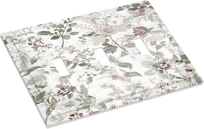 Boho Floral Leaf Vintage Watercolor Flower Decorative Switch Plates 3 Gang Wall Plate Triple Toggle Light Switch Cover Faceplate Electrical Wall Panels for Farmhouse Bedroom Decor