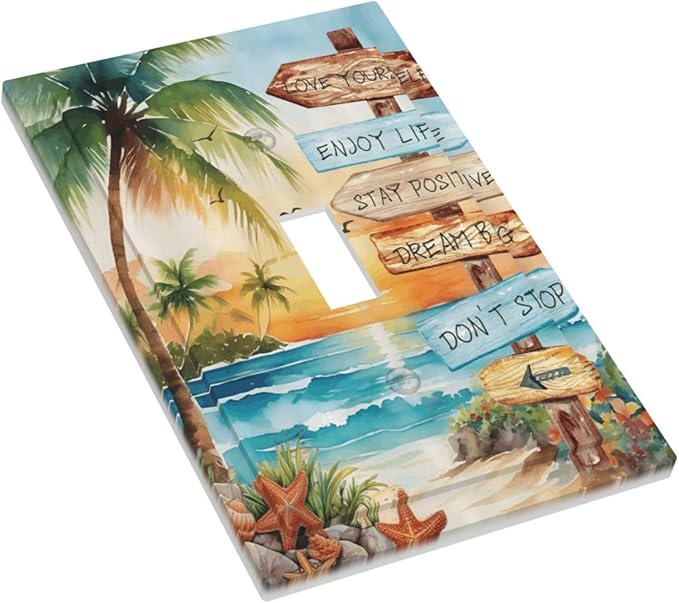 Tropical Beach Palm Tree Summer Coastal Ocean Sunset Decorative Light Switch Cover 1 Gang Single Toggle Device Electrical Faceplate Switchplates Decorator Outlet Wall Plate for Bedroom Living Room