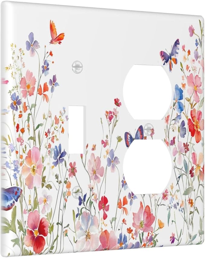 Colorful Flower Watercolor Floral Butterfly Bird Wallplates 1 Toggle 1 Duplex Switch Plate Electrical GFCI Faceplate Decorative Light Switch Covers for Bedroom Living Room Decor