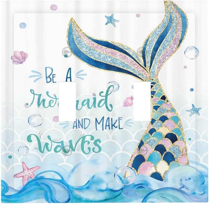 Mermaid Ocean Blue Waves Kids Girl Double Toggle Light Switch Covers Decorative 2 Gang Wall Plate Electrical Faceplate Switchplate for Kidroom Bathroom Bedroom Living Room Decor