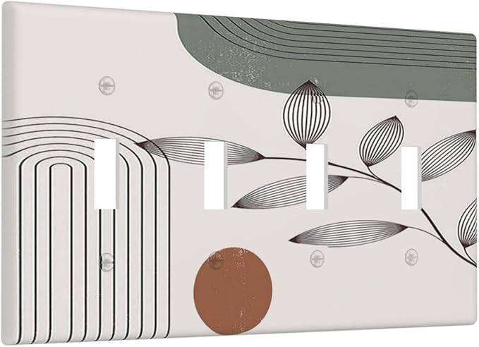 Light Switch Covers Sage Green Boho Nature Art Minimalist Geometric Plant Quad Toggle Electrical Faceplate 4 Gang Wall Plate Decorative Switch Plates for Bedroom living Room Decor