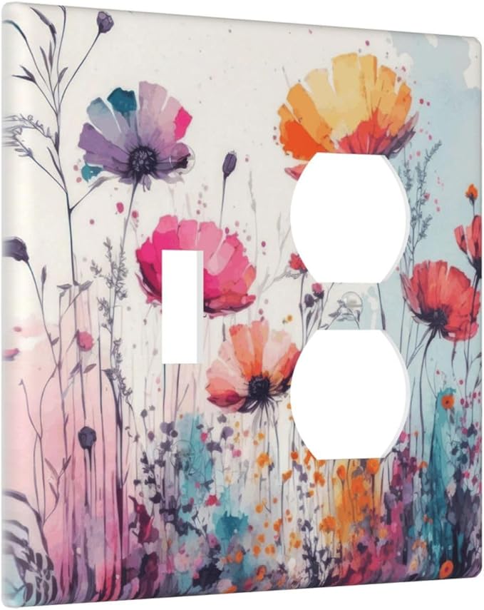 Decorative Outlet Covers Colorful Watercolor Wildflowers Elegant Painting Floral 2 Gang Wall Plate Single Toggle Duplex Light Switch Cover Switch Plate Covers Faceplate for Bedroom Decor