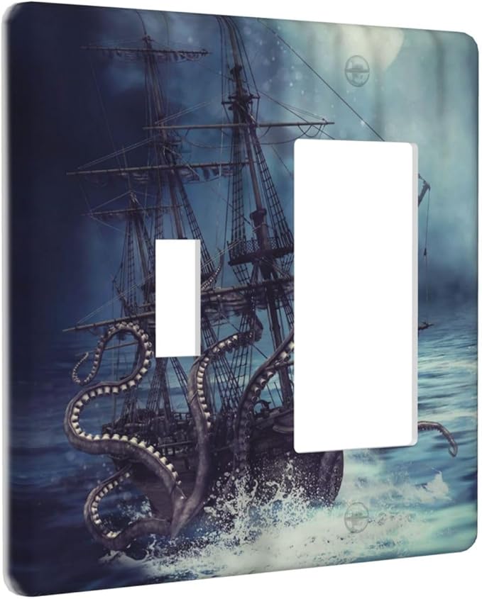 Octopus Ocean Kraken Nautical Pirate Ship 2 Gang Single Toggle Rocker Combination Light Switch Cover Unique Decorative Wall Plate Cover Electrical Faceplate Switchplate for Kitchen Bathroom Decor