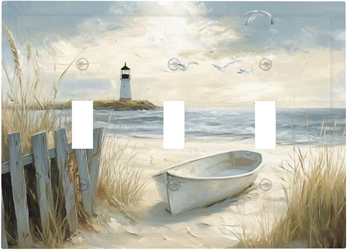 Sea Beach 3 Gang Light Switch Cover Old Ship Reed Lighthouse Seascape Triple Toggle Wall Plate Decorative Electrical Switchplates for Country Bedroom Kitchen Living Room Home Decor