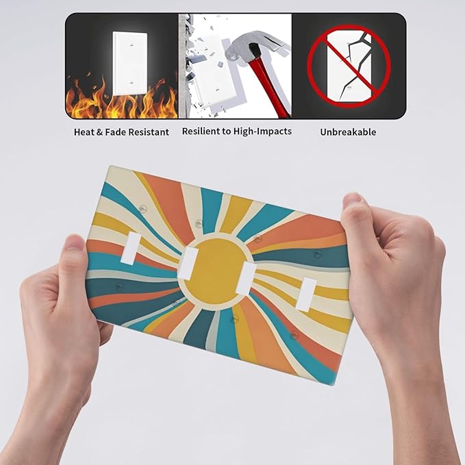 Decorative Switch Plate Cover with Retro Mid-Century Modern Sunburst Motif Design 4 Gang Artistic Wall Plate Unique Quad Toggle Light Switch Covers for Abstract Teal/Yellow/Orange Wall Decor