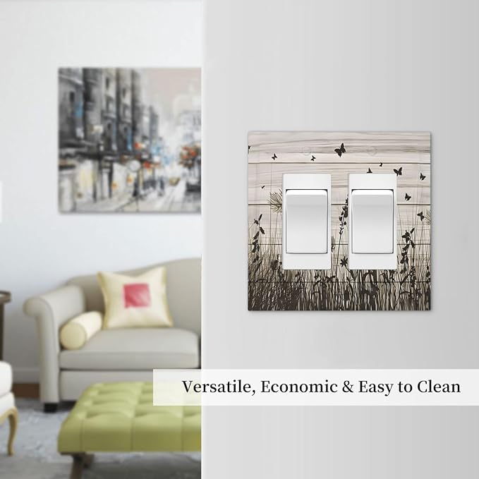 Wildflower Butterfly Grass Dandelion Vintage Wooden Print Decorative Outlet Covers 2 Gang Double GFCI Rocker Electrical Wall Panels Light Switch Cover Plate for Farmhouse Home Decor