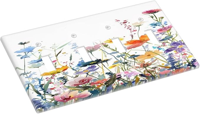 Watercolor Wildflowers Colorful Floral Plant Light Switch Covers Quad Toggle Electrical Faceplate 4 Gang Wall Plate Decorative Switch Plates Cover for Bedroom Living Room Decor